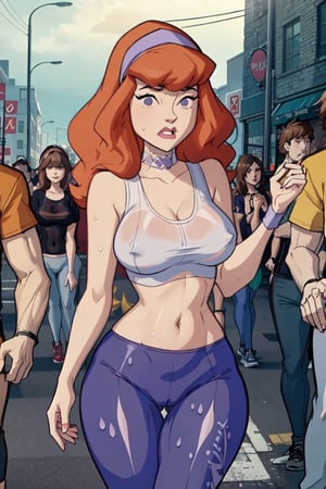 daphneblake,daphneblake, (8k, RAW photo, best quality, masterpiece), (intricate details),masterpiece), (best quality:1.2), cartoon style, solo, redhead, purple eyes, looking at viewer, purple headband, embarassed,breasts_exposed,breasts_through_croptop,


,crowded Street with horny men staring at her ,public_indecency,public_bathroom,soaked,cameltoe,large_breasts, belly button,curvy_figure,thicc_thighs,erect nipples,thigh gap,wide thigh gap,camel_toe,blushing,camel toe pussy,  wet see through crop_top,tight yoga pants,purple choker,nipple_bulge,nipple_outlines