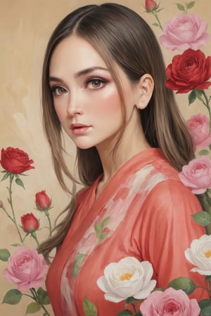 Create a modern-styled sketch portrait in silk textured paper of a gentle lady inspired by roses and love, utilizing the vibrant color palettes and sleek lines reminiscent of the works by Chinese contemporary artist Zhang Xiaogang, background is full of roses abstracts,lun4