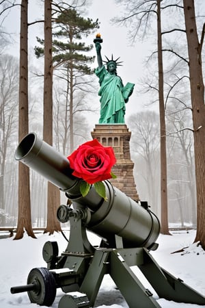 
One giant Rose inside A (5.5 Inch Howitzer MK III artillery cannon) ,
The statue of liberty in a snowy Forrest in The background ,