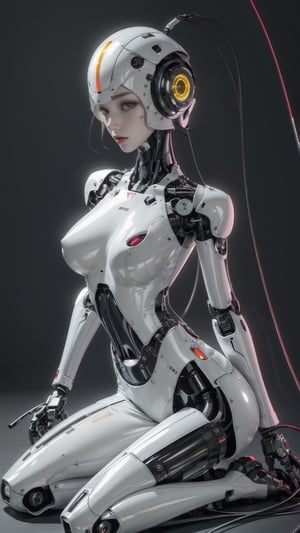 1girl, beautiful face, pale skin, black_hair, medium hair, robotic body, full body, sitting, wires, robotic legs, robotics arms, robotic body, robotic hands, futiristic, robotic, mechanical, armored, standing, expressionless face, damaged robotic body, black_robotic_body, alone, (wires), straight leg,cum in breast,Milk breast,mecha,bodycon