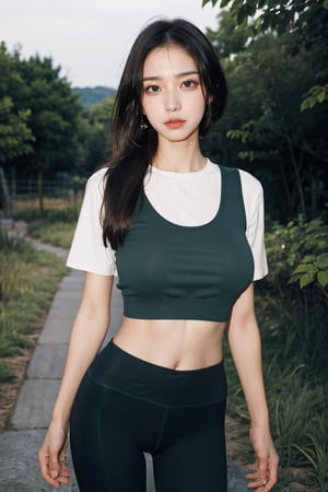 Create a hyper 35 OLD realistic , bush background, big breast,green eyes,pale skin,super tight yoga pants and low cut top,falling leafs,milf,photorealistic,shirt_lift,gap between legs,long_ponytail_hairstyle,1 girl, SHE  look in front to viewer,mature face,she lift shirt, ,sad face
