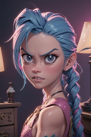 High angle camera shot Digital portrait art of a Jinx, from the film Arcane, blue hair, League Of Legends, inside her room, pink gradient lighting, looking up, at the viewer,  Arcane:League of Legends TV Series 2021 , angry, high angle view,JinxLol,3d, anxious expression 