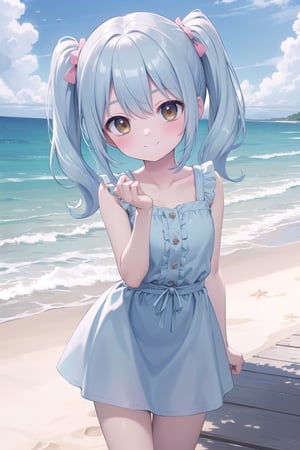 ((masterpiece)), highest quality, high resolution, detailed background, perfect lighting, loli, casual outfit, light blue hair, beach, summer vacation, joyful eyes, cute pose, pale skin,twintails