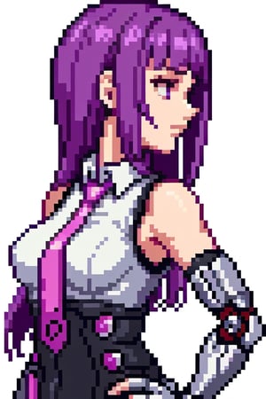 Profile, aluring, seductive, closeup, adult woman, cyberpunk, sleeveless, cybernetic arms, white background, dark purple hair, blunt bangs, long hair, styled hair, no bangs, sleeveless shirt, necktie, facing left, breast focus, Pixel art, no_sleeves, shoulder holster, frustrated, small breasts
