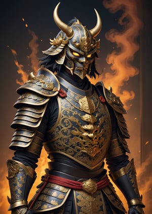 A man wearing black Armor samurai, face mask makeup, fire smoke in background, stands clad in intricately crafted traditional armor,golden accents,demon mask, meticulously designed with expressive features,horn helmet, elaborate gold,traditional japanese art,ani_booster,armour wars 