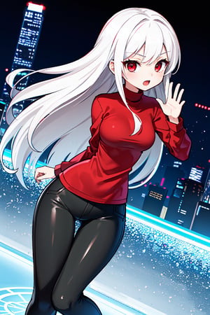  (((full figure))), battle theme, amazing, half body - clean character, ((Girl, red eyes, white hair)), medium hair, big ass, small breasts, vampire , i can't believe how beautiful this is, layered gestures, casual clothing, wallpaper, city background, looking_at_viewer, black pants, shirt