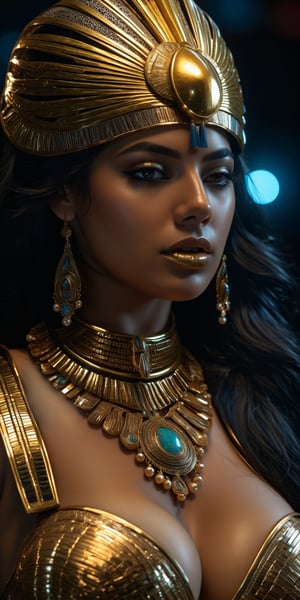 Ultra detailed complex 3d rendering of a beautiful cleopatra, messy hair,, 150mm lens, beautiful soft natural light,wet_clothes, wear cleopatra suit, colorful details, samourai, gold, cleopatra woman,earring pearl, piercing, intricate details, wire mesh anatomical, facial muscles, badass, hyper realistic, ultra detailed, octane rendering, volumetric lighting, 8k post production , iridescent colors, black room, power of god, high angle shot, complex body poses,more detail XL,((big_boobs)),big_tits,red_eyes,red lips,in dark laboratory,frontview,b3rli,cinematic_grain_of_film