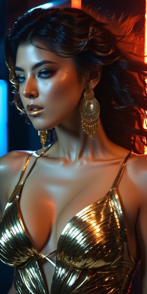 Ultra detailed complex 3d rendering of a beautiful cleopatra, messy hair,, 150mm lens, beautiful soft natural light,wet_clothes, wear cleopatra suit, colorful details, samourai, gold, cleopatra woman,earring pearl, piercing, intricate details, wire mesh anatomical, facial muscles, badass, hyper realistic, ultra detailed, octane rendering, volumetric lighting, 8k post production , iridescent colors, black room, power of god, high angle shot, complex body poses,more detail XL,((big_boobs)),big_tits,red_eyes,red lips,in dark laboratory,frontview,b3rli,cinematic_grain_of_film,xeesoxee