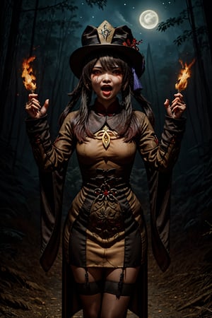 hu_tao_genshin, Highly detailed, high quality, masterpiece, beautiful, medium short shot, 1girl, Hu Tao from Genshin Impact, screaming, crying, brown hair, pigtails, red eyes, fiery pupils, evil face, witch dress, dark forest, night