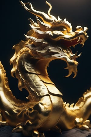 A Chinese golden drago. The image is 8k quality, movie effect, rich in details, and dark effect.Long looked at the audience with an expression of joy and confidence.