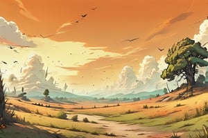 a panoramic slightly undulating plain with tall green grass with a tree with leaves on an orange sky and large white clouds, leaves flying in the powerful wind ,Color magic,Comic Book-Style 2d, panoramique view ,canon 5d 50mm