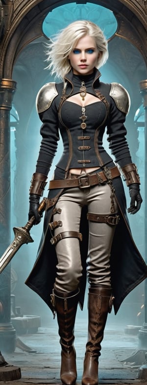 masterpiece, ultra k resolution, full body shot, detailed female beutiful beautiful ciri freya allan, the witcher, warrior pale skin white blond hair, ice blue eyes wears steampunk, steampunk style, boots, concept, holding a steampunk sword full body shot, detailed steampunk background