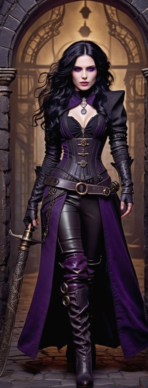 masterpiece, ultra k resolution, full body shot, detailed female beutiful Yennefer of Vengerberg, the witcher, warrior, long dark purple wavy black hair, light glowing violet purple eyes, witch, wears steampunk, steampunk style, boots, concept, holding a steampunk sword full body shot, detailed steampunk background
