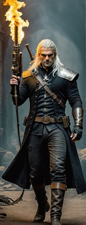 masterpiece, ultra k resolution, full body shot, detailed man Geralt of Rivia, henry cavill, the witcher, warrior, long white hair, black eyes, sword, wears steampunk, steampunk style, concept, holding a steampunk flame thrower full body, detailed steampunk background