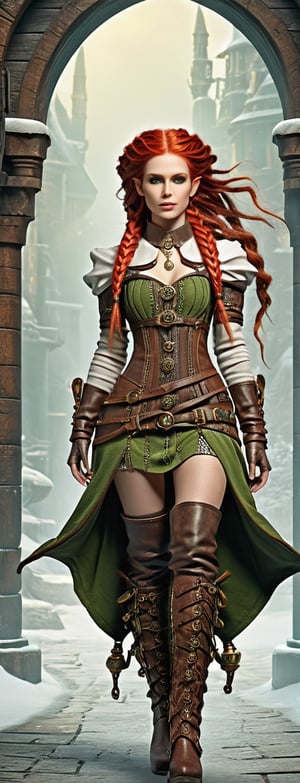 masterpiece, ultra k resolution, full body shot, detailed female beautiful Francesca Findabair elf queen, Mecia Simson the witcher, red multiple braids long hair, ice light green eyes, wears steampunk, steampunk style, boots, concept, full body shot, detailed steampunk background
