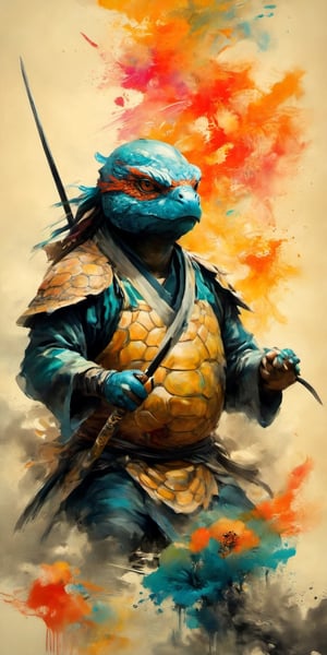 full-body psychedelic picture .Generate hyper realistic image of an ancient scroll featuring an ink wash painting of a ninja turttle, surrounded by traditional brushstroke elements, creating an evocative piece reminiscent of classical Asian art, Movie Poster,Movie Poster, sharp focus, intense colors, vibrant colors, chromatic aberration,MoviePosterAF, UHD, 8K,oil paint,painting