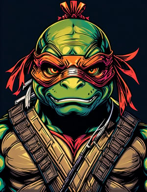 head and shoulders portrait, (ninja turtle :1.5) ninja warrior, colorful, symmetrical precise detail, symmetrical features, (flat silkscreen:1.5) , wearing mask, pastel-color, creative, dark flat color background ,oni style