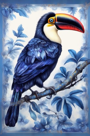 ,purple leaf art,makie,blue ink art,beautifully intricate Toucan delicately drawn with a brush, using only sumi ink,Envision the graceful strokes capturing the elegance of the toucan’s feathers, with the rich blue ink bringing out the fine details, Emphasize the beauty and delicacy of the toucan’s features, utilizing the simplicity of sumi ink to convey the essence of this majestic bird,creating a visually stunning representation of a toucan expressed solely through the artistry of blue ink on paper,lineart,LineAniAF,oil paint,Flora,Obsidian_Gold