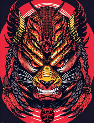 head and shoulders portrait, (samurai animorphic Asian Cobra:1.5) samurai warrior, colorful, symmetrical precise detail, symmetrical features, (flat silkscreen:1.5) , wearing mask, pastel-color, creative, dark flat color background ,oni style