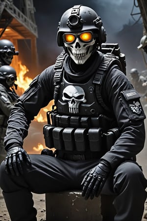 photo of a psychedelic ghost from call of duty, masterpeice, highly_detailed, high_resolution, high_detailed, army base, sitting_down, taking to camera, black army outfit, skull mask, terrorist camp,scary,night vision goggles on helmet psychedelic 
,photorealistic:1.3, best quality, masterpiece,MikieHara,