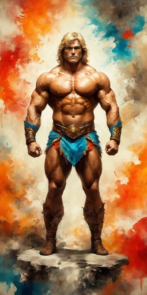 full-body psychedelic picture .Generate hyper realistic image of an ancient scroll featuring an ink wash painting of a muscular body builder man known as He-Man, surrounded by traditional brushstroke elements, creating an evocative piece reminiscent of classical Asian art, Movie Poster,Movie Poster, sharp focus, intense colors, vibrant colors, chromatic aberration,MoviePosterAF, UHD, 8K,oil paint,painting