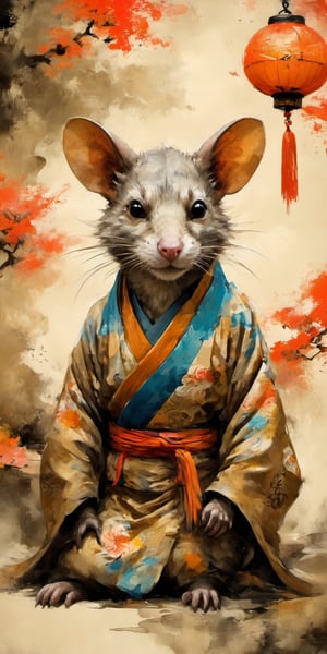full-body psychedelic picture .Generate hyper realistic image of an ancient scroll featuring an ink wash painting of an animorphic old wide brown street Rat dressed in a Japanese kimono, surrounded by traditional brushstroke elements, creating an evocative piece reminiscent of classical Asian art, Movie Poster,Movie Poster, sharp focus, intense colors, vibrant colors, chromatic aberration,MoviePosterAF, UHD, 8K,oil paint,painting