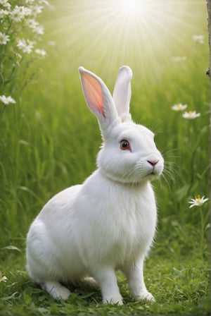 psychedelic photo of a very realistic white rabbit. The rabbit is in a very green meadow. The rabbit is attentive to movement, on alert. (((The rabbit is facing forward, on its hind legs))). The meadow has many flowers. It is day. The light enters between the leaves and gives a contrast of shadows on the animal. Beautiful scene, ultra detailed, hyperrealistic, colorful, distant.