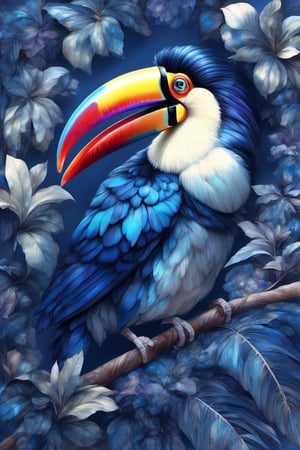 ,purple leaf art,makie,blue ink art,beautifully intricate Toucan delicately drawn with a brush, using only sumi ink,Envision the graceful strokes capturing the elegance of the toucan’s feathers, with the rich blue ink bringing out the fine details, Emphasize the beauty and delicacy of the toucan’s features, utilizing the simplicity of sumi ink to convey the essence of this majestic bird,creating a visually stunning representation of a toucan expressed solely through the artistry of blue ink on paper,lineart,LineAniAF,oil paint,Flora,Obsidian_Gold