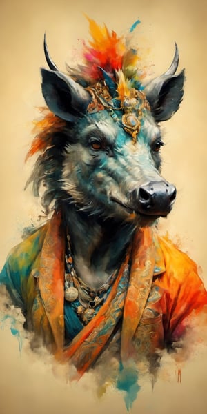 full-body psychedelic picture .Generate hyper realistic image of an ancient scroll featuring an ink wash painting of an animorphic warthog with a mowhak dressed in a hip hop punk style, surrounded by traditional brushstroke elements, creating an evocative piece reminiscent of classical Asian art, Movie Poster,Movie Poster, sharp focus, intense colors, vibrant colors, chromatic aberration,MoviePosterAF, UHD, 8K,oil paint,painting