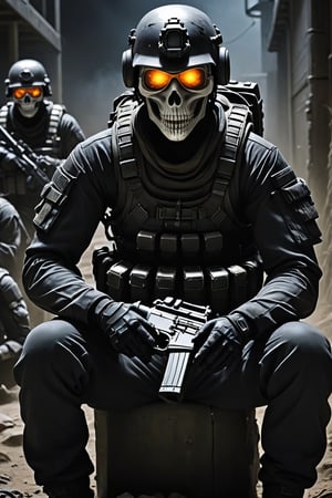 photo of a psychedelic ghost from call of duty, masterpeice, highly_detailed, high_resolution, high_detailed, army base, sitting_down, taking to camera, black army outfit, skull mask, terrorist camp,scary,night vision goggles on helmet psychedelic 
,photorealistic:1.3, best quality, masterpiece,MikieHara,