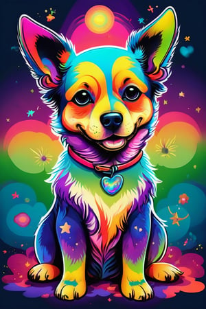 A psychedelic illustration of a cute dog, t-shirt design, cartoon