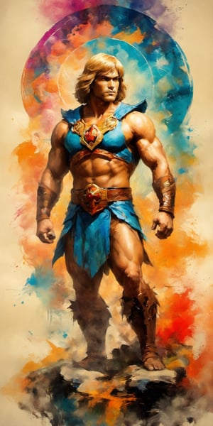 full-body psychedelic picture .Generate hyper realistic image of an ancient scroll featuring an ink wash painting of He-Man, surrounded by traditional brushstroke elements, creating an evocative piece reminiscent of classical Asian art, Movie Poster,Movie Poster, sharp focus, intense colors, vibrant colors, chromatic aberration,MoviePosterAF, UHD, 8K,oil paint,painting