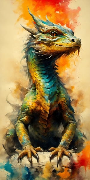 full-body psychedelic picture .Generate hyper realistic image of an ancient scroll featuring an ink wash painting of an animorphic lizard, surrounded by traditional brushstroke elements, creating an evocative piece reminiscent of classical Asian art, Movie Poster,Movie Poster, sharp focus, intense colors, vibrant colors, chromatic aberration,MoviePosterAF, UHD, 8K,oil paint,painting