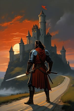 landscape, oil painting, realistic, painterly, (hardened swordsman standing on the road:1.5), looking_at_viewer, (grim castle keep looming over:1.5), (watchtowers and battlements and banners:1.3), stormy sky, sun, sunset, clouds, trees, crepuscular rays, Gerald Brom, Vicente Segrelles, Frank Frazetta, fantasy art, dnd art, epic, intricately detailed, detailed matte painting, dramatic lighting