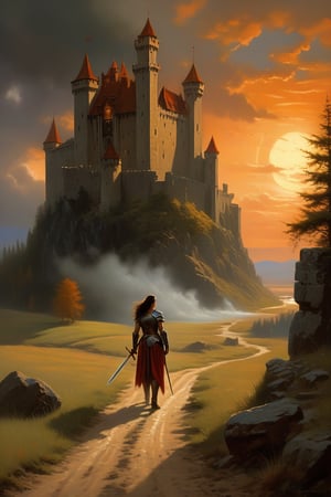 landscape, oil painting, realistic, painterly, (hardened warrior woman standing on dirt road:1.5), looking_at_viewer, (grim castle keep looming over:1.5), (watchtowers and battlements and banners:1.3), stormy sky, sun, sunset, clouds, tall trees, blackbirds, lake, crepuscular rays, Gerald Brom, Vicente Segrelles, Frank Frazetta, fantasy art, dnd art, epic, intricately detailed, detailed matte painting, dramatic lighting, Architectural100