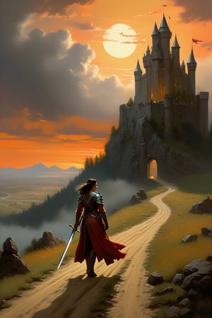 landscape, oil painting, realistic, painterly, (hardened swordswoman standing on dirt road:1.5), looking_at_viewer, (grim castle keep looming over:1.5), (watchtowers and battlements and banners:1.3), stormy sky, sun, sunset, clouds, trees, crepuscular rays, Gerald Brom, Vicente Segrelles, Frank Frazetta, fantasy art, dnd art, epic, intricately detailed, detailed matte painting, dramatic lighting