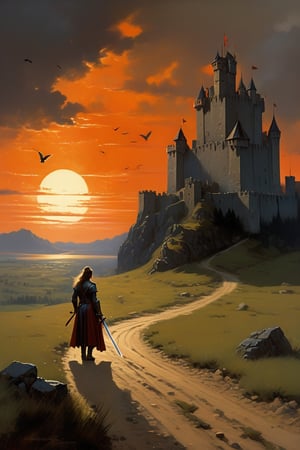 landscape, oil painting, realistic, painterly, (hardened swordswoman standing on dirt road:1.5), looking_at_viewer, (grim castle keep looming over:1.5), (watchtowers and battlements and banners:1.3), stormy sky, sun, sunset, clouds, trees, blackbirds, crepuscular rays, Gerald Brom, Vicente Segrelles, Frank Frazetta, fantasy art, dnd art, epic, intricately detailed, detailed matte painting, dramatic lighting