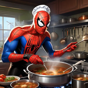1man, ((Spider-Man wearing chef hat)), ((cooking a pot of gumbo)), (waist up), ladle, well drawn hands, well drawn face, kitchen scene, 8k resolution, 2/3 profile, cinematic, masterpiece, Inimage, intricately detailed, unreal engine, fantastical, intricate detail, splash screen, complementary colors, fantasy concept art, art by Mark Brooks and Dan Mumford