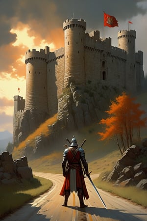 landscape, oil painting, realistic, painterly, (hardened swordsman standing on the road:1.5), looking_at_viewer, (massive stone keep with battlements and banners:1.5), stormy sky, sun, sunset, clouds, trees, crepuscular rays, Gerald Brom, Vicente Segrelles, Frank Frazetta, fantasy art, dnd art, epic, intricately detailed, detailed matte painting, dramatic lighting
