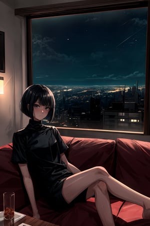 high quality, highres, illustraion, aesthetically pleasing, 1girl, solo, slim, black hair, bobcut, bangs, black eyes, closed mouth, black shirt, short sleeves, turtleneck, black sweat shots, bare feet, sitting on couch, from front, interior, living room, window, nighttime, night sky, city, ambient lighting, 2D background