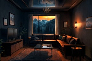 high quality, highres, illustraion, aesthetically pleasing, interior, living room, window, forest, mountain, nighttime, night sky, ambient lighting, 2D background