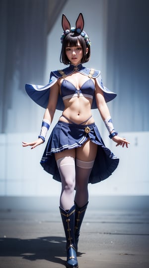 high quality image, photographic, cinematic dynamic lights, hifi image, small non-human, long-legged rabbit girl wearing silver metallic medieval armor boots and long black stockings. Short large ruffled skirt, white anime student type with blue sailor-style trim, revealing her pink underwear. Bare torso showing her tits wrapped in bandages like a mummy even in her arms.