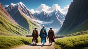 a detailed 8k illustration, a handsome muslim man leading a group of muslim boys walking away towards a mountain , detailmaster2, 
