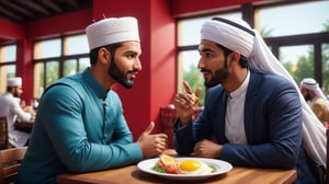 a detailed 8k illustration, two muslim man having discussion at a restaurant , charismatic demeanor, perfect hand, breakfast food on the table, detailed face, detailmaster2, 