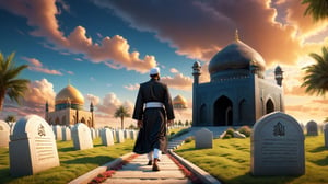 a detailed 8k illustration, a handsome muslim man walking forward leaving behind a grave with islamic tomb stone, charismatic demeanor, a majestic sky   .  detailmaster2, 