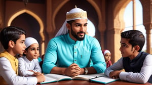 a detailed 8k illustration, a handsome muslim man discussing at meeting table with muslim kids , detailmaster2, 