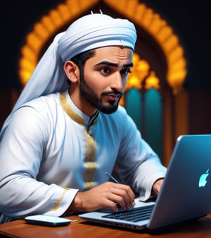 a detailed 8k illustration, a muslim man learning arabic from the internet on the computer , charismatic demeanor,  detailed face, detailmaster2, 