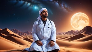 a detailed 8k illustration, a muslim man wearing scientist lab coat prostrating sincerely looking to the sky in the middle of desert at night, a majestic sky , full body in frame  .  detailmaster2, 