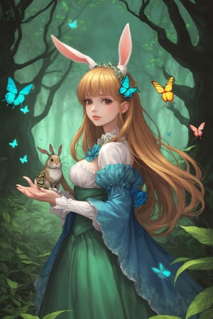 Beautiful girl in the enchanted forest with butterflies and rabbits