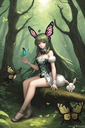 Beutiful girl in enanched forest with butterfly and rabbitis